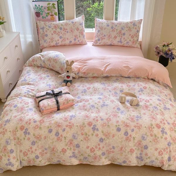 花花公子-家纺-水洗棉有氧双层纱印花云感木棉皱皱纱四件套