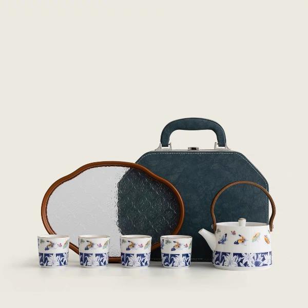 尾桥下窑青花百合蝶舞旅行茶具套装羊脂玉瓷茶具伴手礼年会礼品