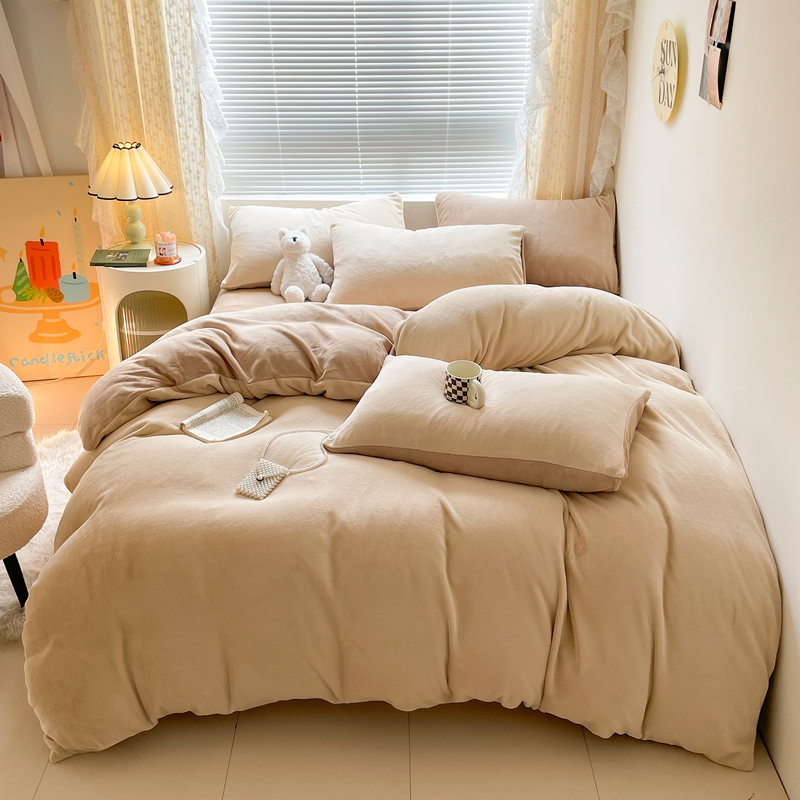 百丽安娜纯色牛奶绒四件套-杏咖色