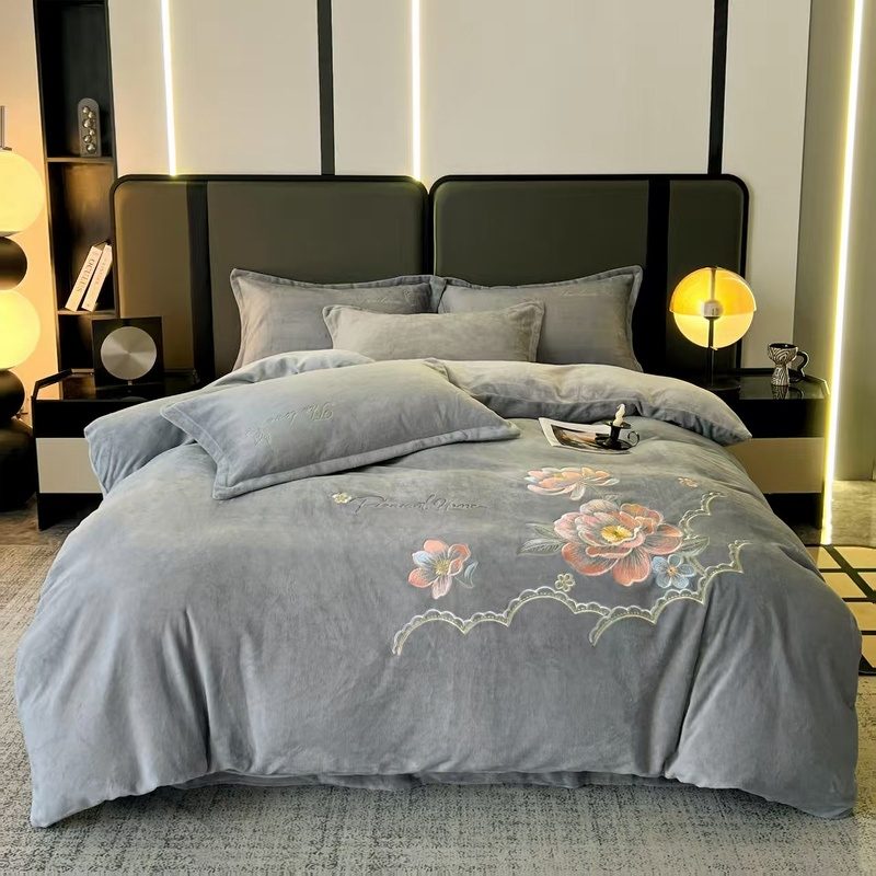 花花公子-家纺-牛奶绒刺绣保暖四件套-花间溪语