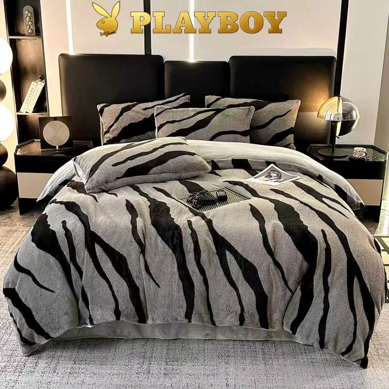 花花公子-家纺-豹纹美拉德兔绒加厚保暖秋冬四件套