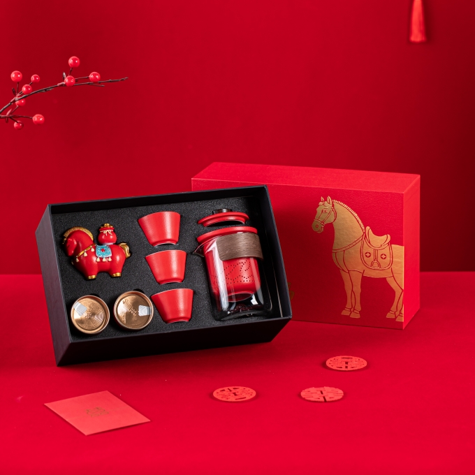 开门红年会茶具礼品金马送福快客杯摆件七件套