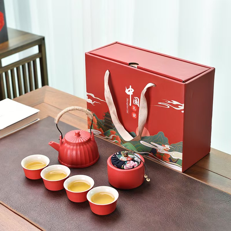 鹏翼开门红6头浮雕提梁壶茶具大套装