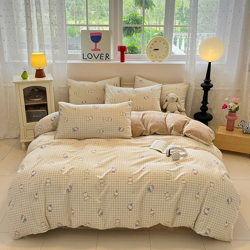 花花公子-家纺-全棉+牛奶绒印花保暖秋冬四件套