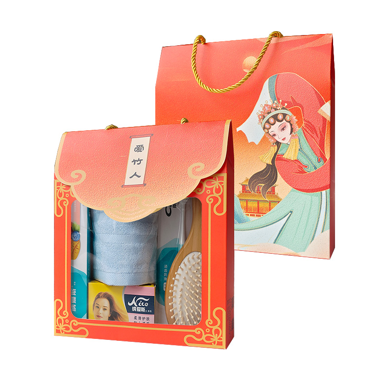 爱竹人红韵礼盒毛巾梳子香皂牙膏牙刷5件套A06