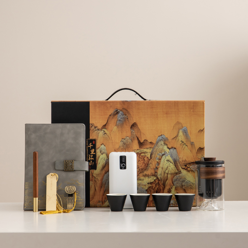 尾桥下窑粗陶千里江山玻璃快客商务茶具套装年会礼品伴手礼组合