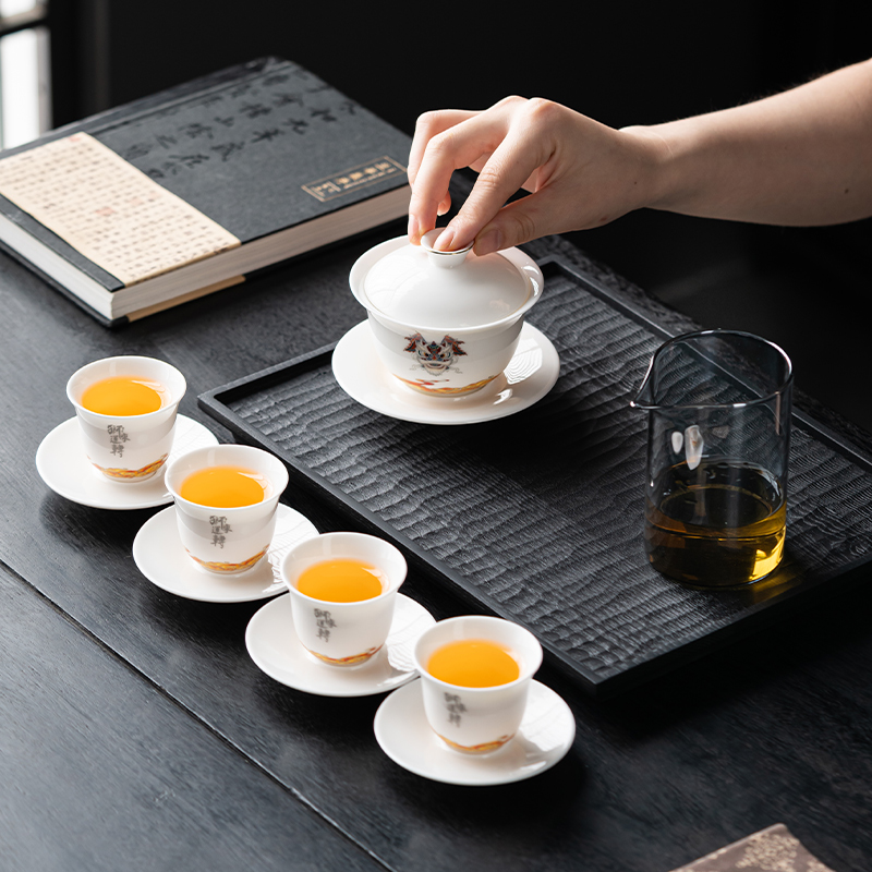 知者觉器-狮来运转茶具套装陶瓷礼品商务伴手礼中秋节品羊脂玉瓷