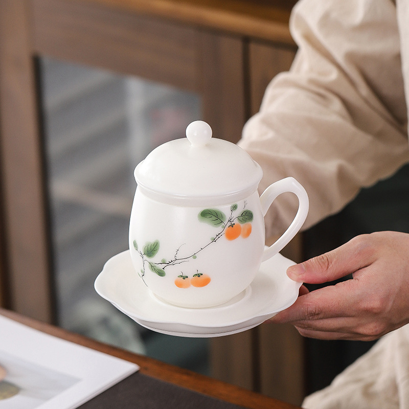 尾桥下窑素烧手绘冰种玉瓷办公杯年会伴手礼商务会议开业礼