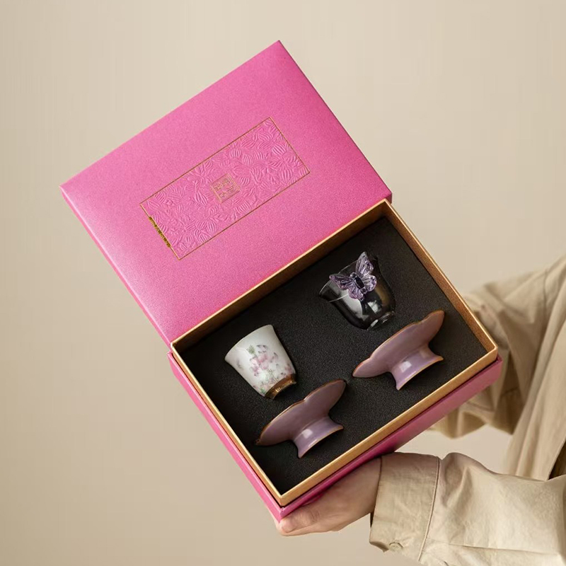 尾桥下窑伴手礼紫荆花开茶事对杯小套装冰种玉瓷玻璃主人杯