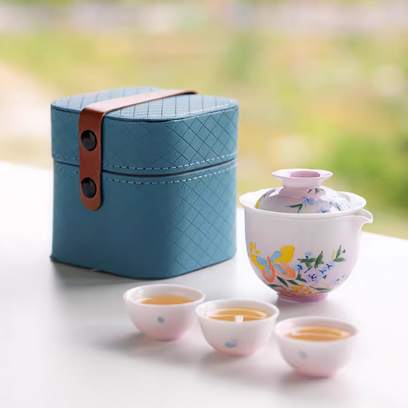 尾桥下窑手绘釉下彩浮雕花卉旅行便携茶具套装商务会议开业礼品