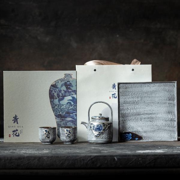 尾桥下窑粉引青花鎏金银提梁壶丰年金善茶具套装茶室会所节日礼品