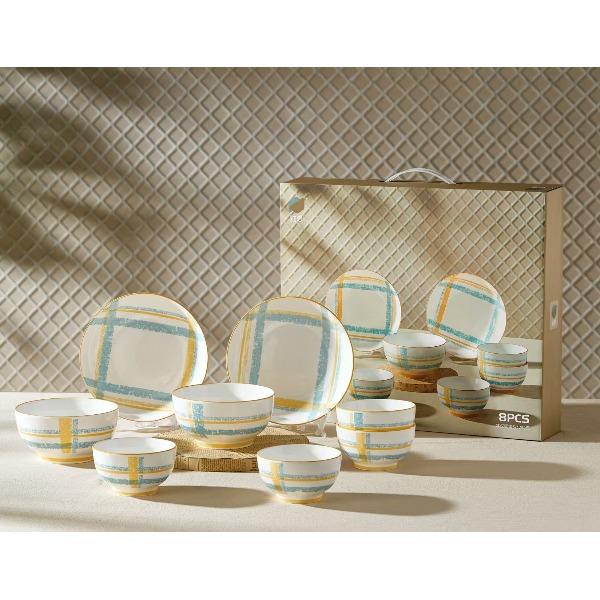 釉夏蓝屿晴格陶瓷餐具八件套Y-LY/L8