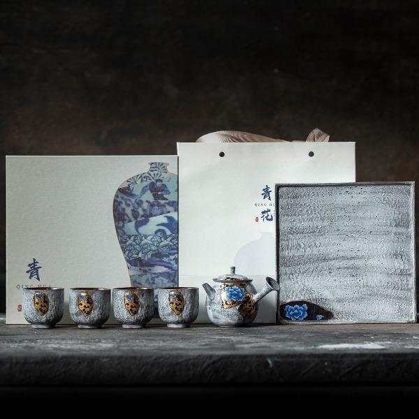 尾桥下窑粉引青花缠枝莲古典侧把壶茶具套装节日茶室商务礼品