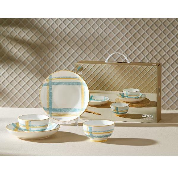 釉夏蓝屿晴格陶瓷餐具四件套Y-LY/L4