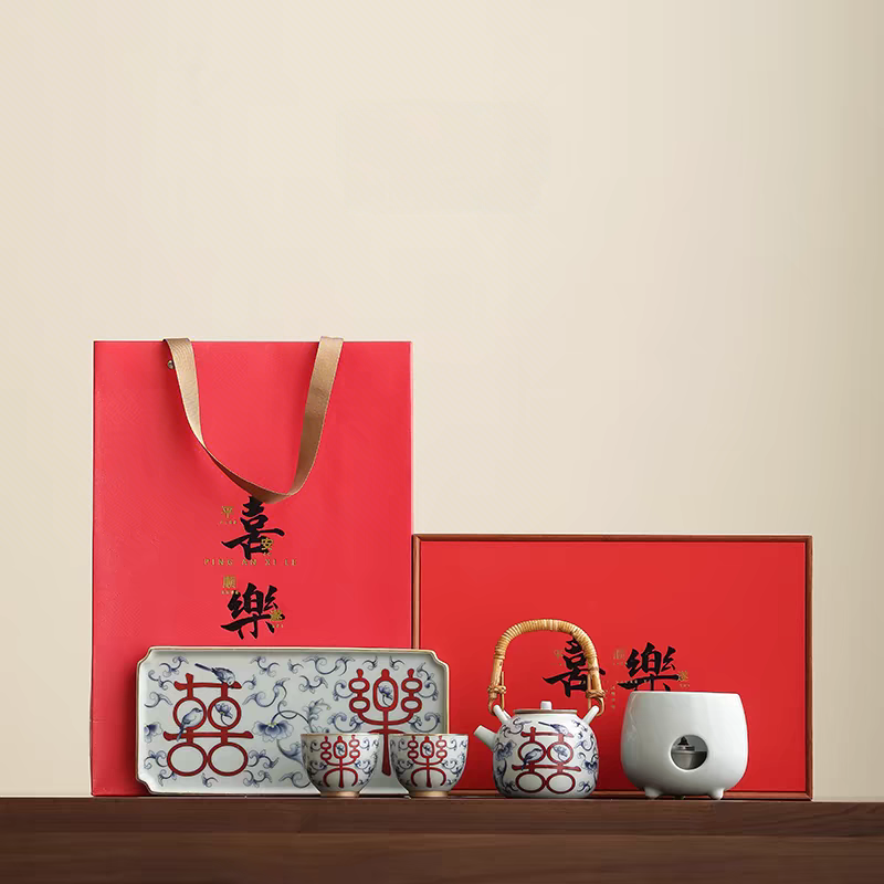 尾桥下窑复古烧青花喜乐陶瓷煮茶壶茶具套装婚庆婚庆节日礼品