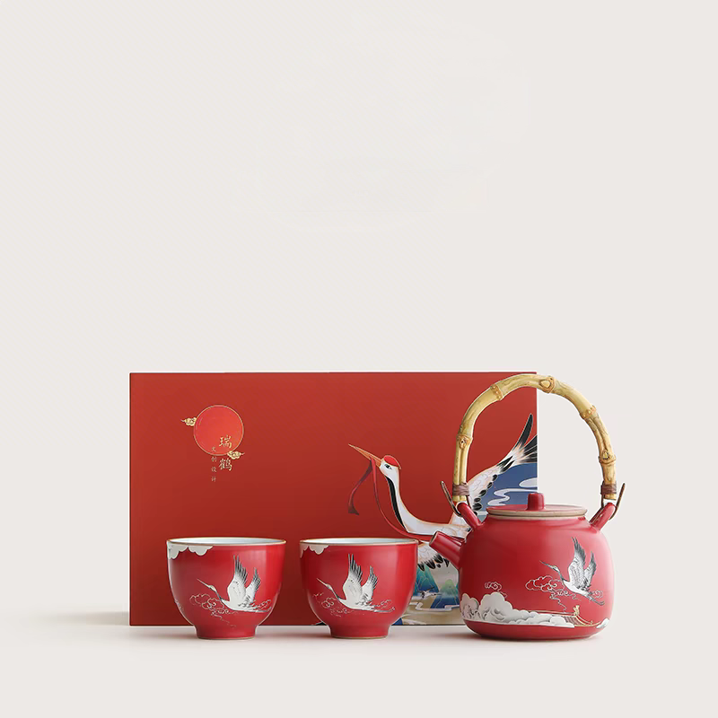 尾桥下窑故宫文创瑞鹤呈祥提梁壶茶具小套装开门红会议商务礼品