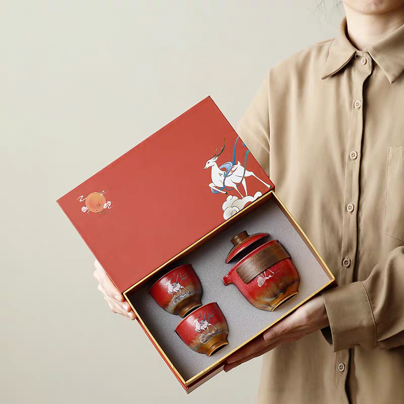 尾桥下窑故宫文创瑞鹤呈祥/敦煌九色鹿快客茶具套装开门红节礼品
