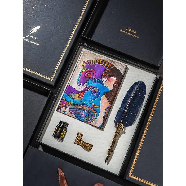 千里马羽毛笔笔记本礼盒套装