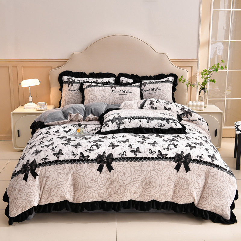 花花公子-家纺-韩版牛奶绒花边款秋冬保暖绒四件套