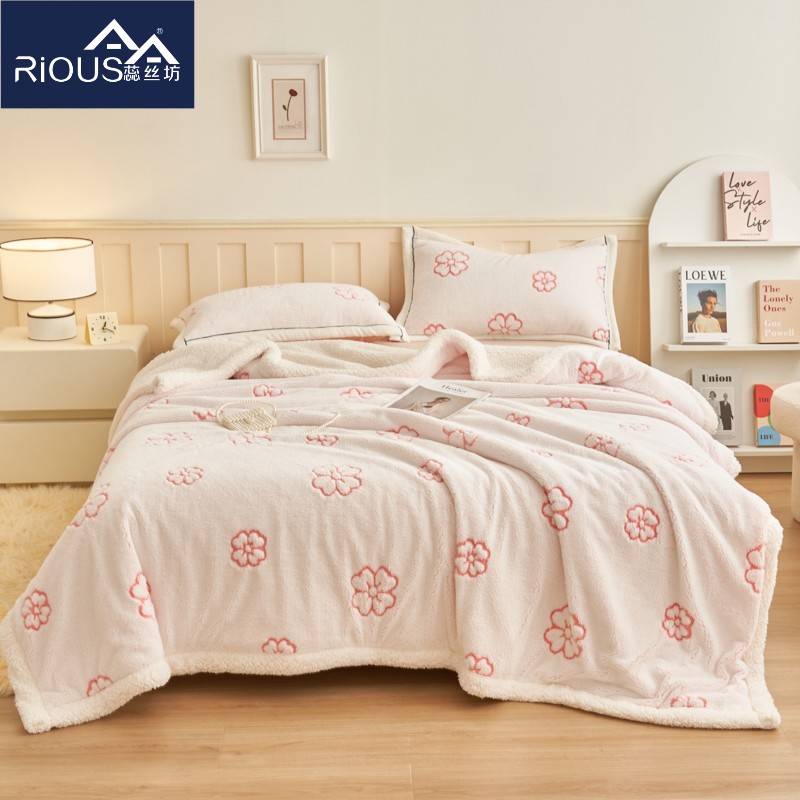 蕊丝坊家纺加厚雕花剪花绒羊羔绒双面绒双层毛毯