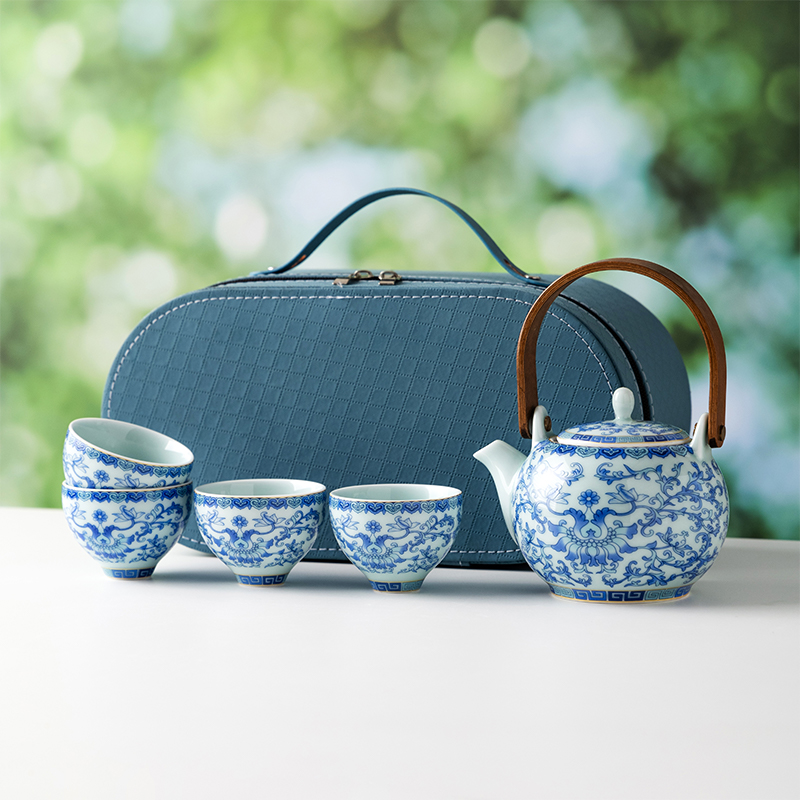 尾桥下窑复古还原烧青花缠枝莲旅行茶具小套装商务会议开业礼品