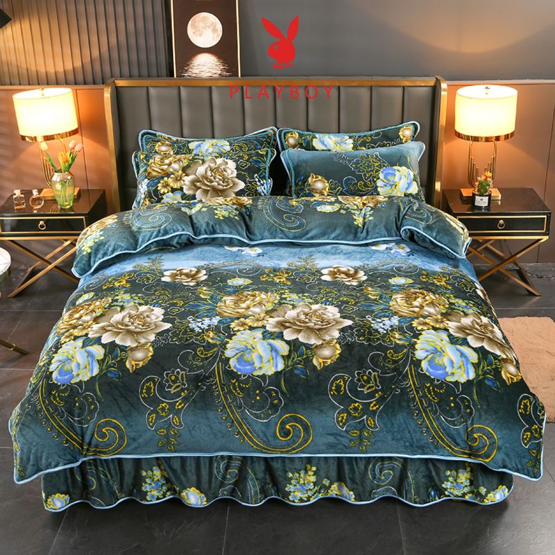 花花公子-家纺-牛奶金貂绒法莱绒秋冬保暖印花床裙四件套