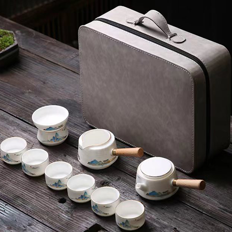 鹏翼千里江山羊脂玉瓷皮包茶具套装