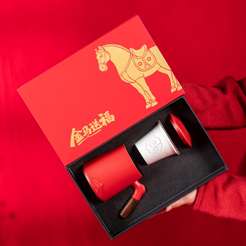 开门红年会礼品金马送福三件式办公杯套装