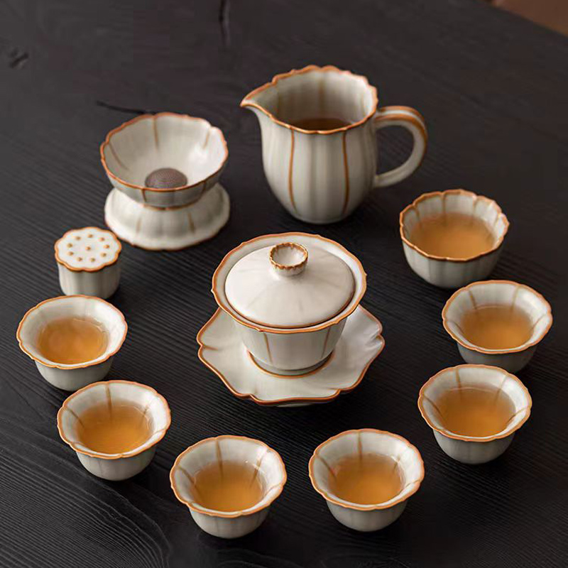 鹏翼11头葫芦、莲花浮雕亚黄汝瓷茶具