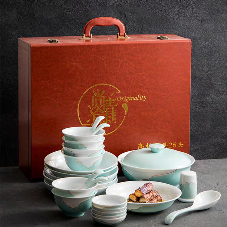 尾桥下窑影青瓷26头忆荷鎏金浮雕餐具套装商务礼赠年会抽奖礼品