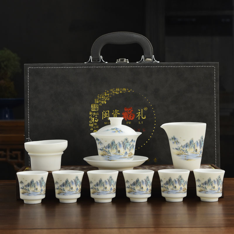 瓷伽什万里山河羊脂玉茶具（亮面）