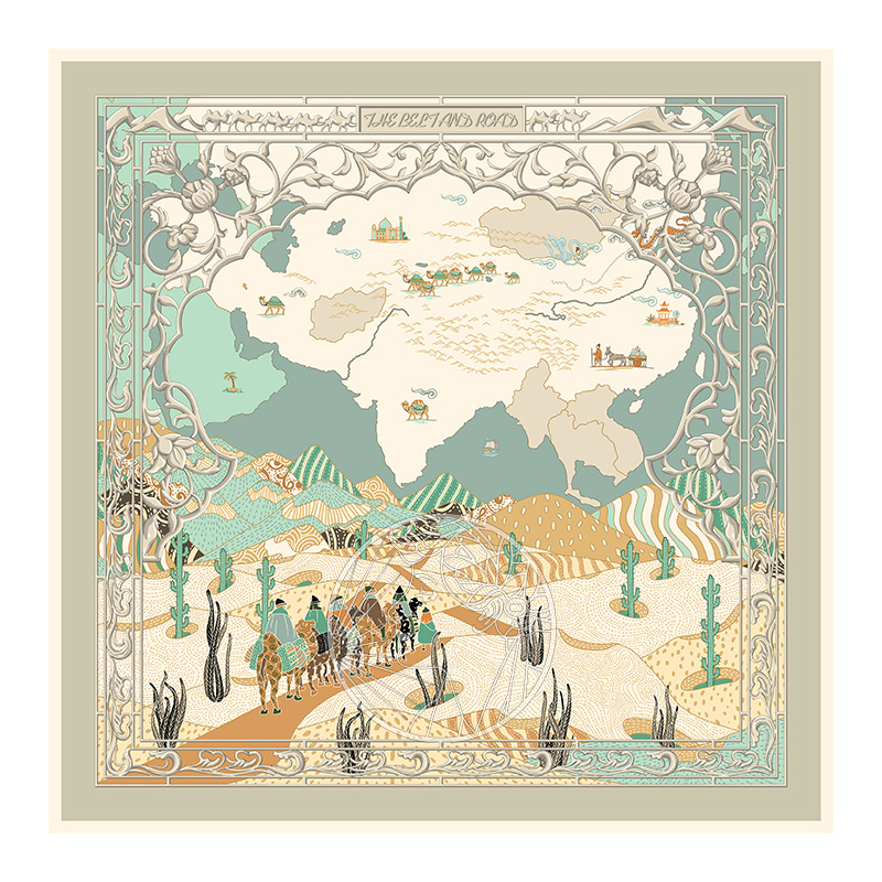 aurora系列真丝90尺寸大方巾素色丝绸之路原创花色