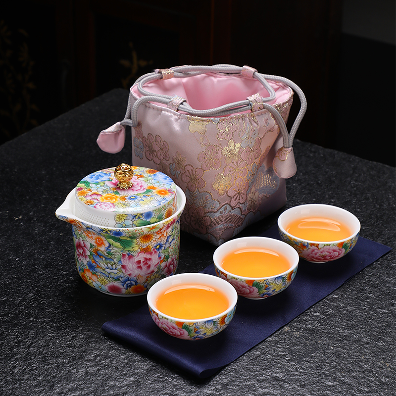 瓷语花香女神节万花珐琅彩旅行茶具套装