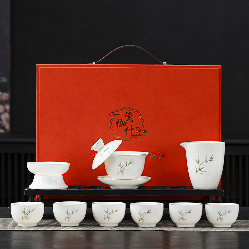 瓷伽什竹韵清风羊脂玉茶具套装