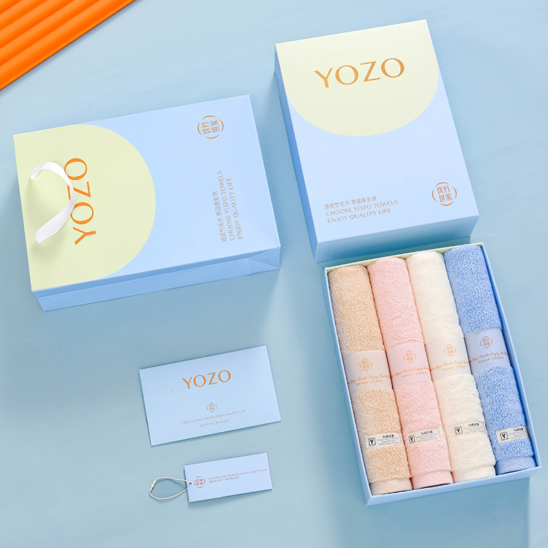 优竹世家5A抗菌长绒棉毛巾四条装礼盒美丽色彩4三八开门红礼
