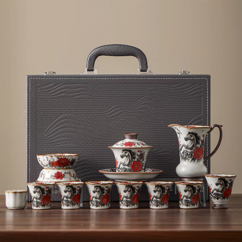 鹏翼马上有钱、马到成功亚黄汝窑茶具大套装