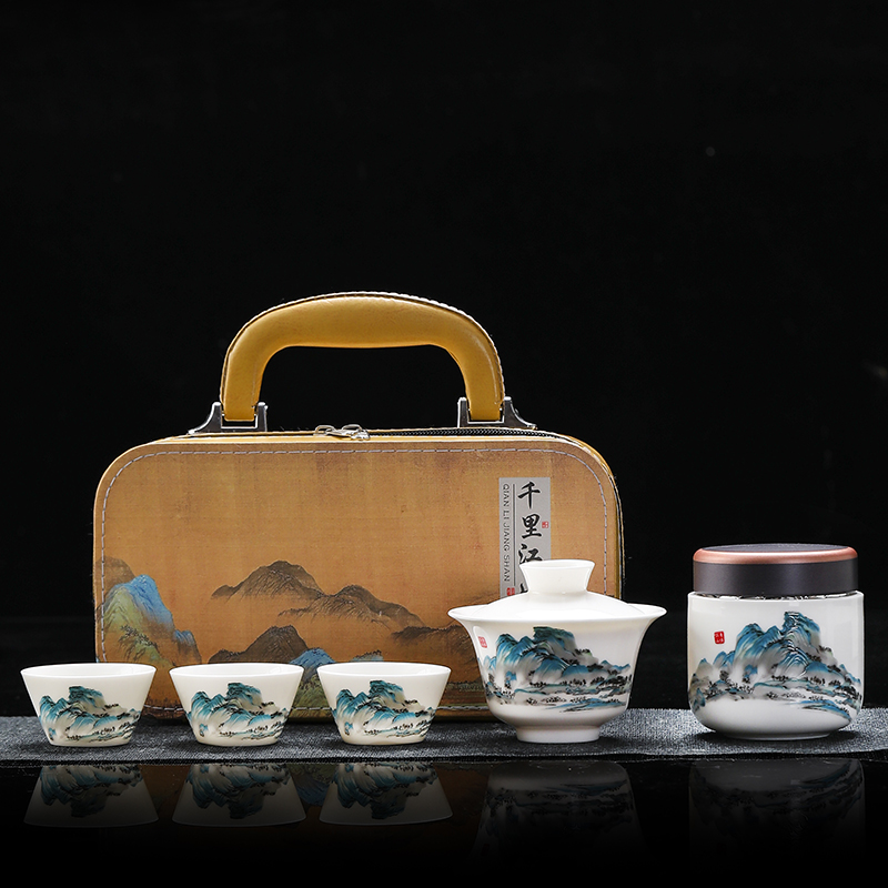 瓷伽什江山青绿羊脂玉旅行茶具