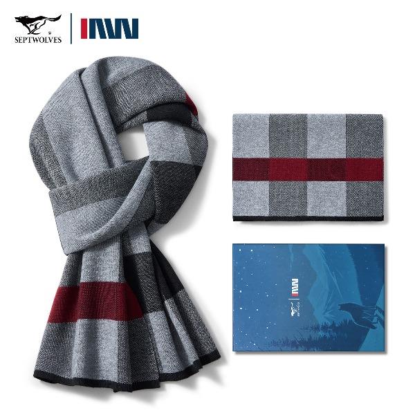 七匹狼围巾格子含羊毛加绒加厚保暖围脖645013-2