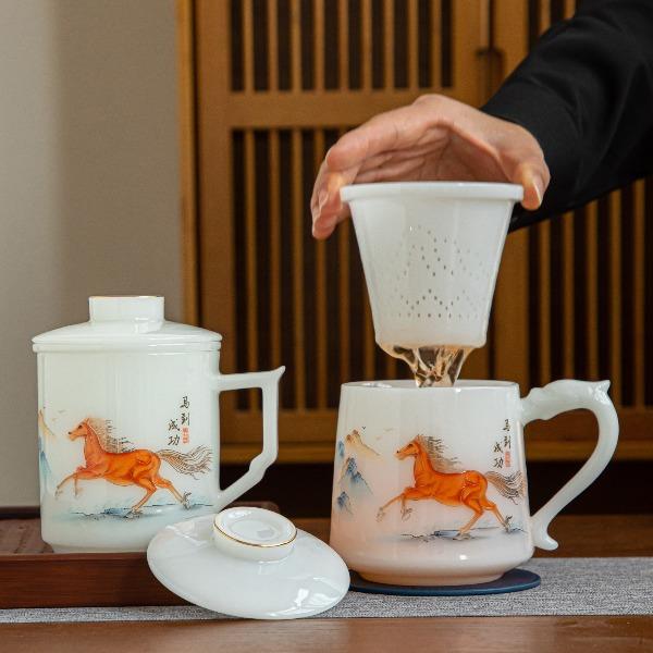 尾桥下窑冰种璞玉马到成功陶瓷三件套办公杯套装节日会议礼品