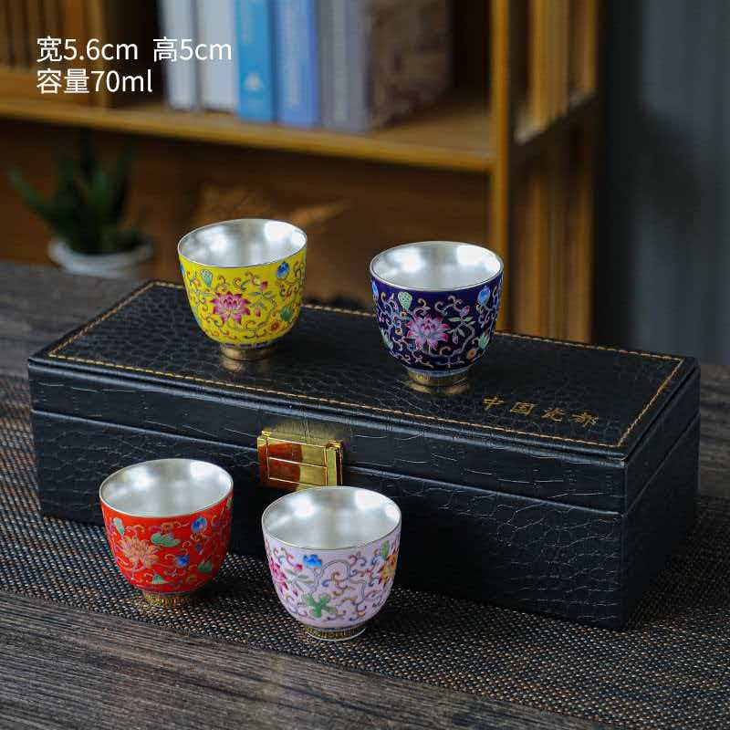 鹏翼珐琅彩银盏套装