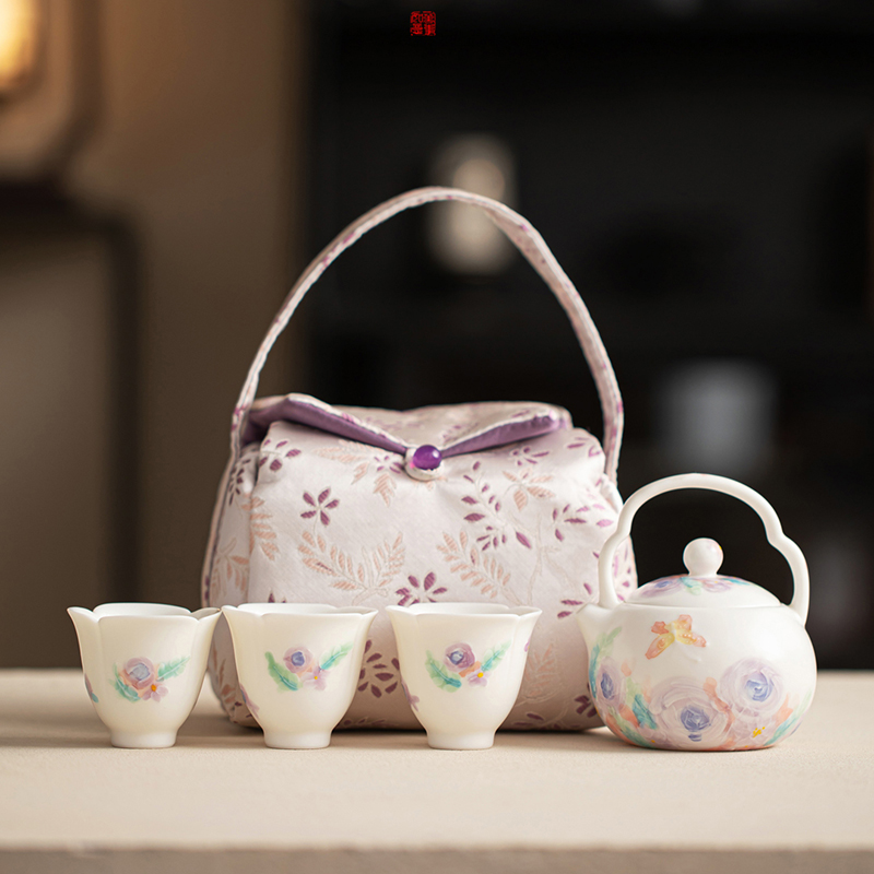 尾桥下窑手绘白玉汝花影提梁茶具旅行茶事小套装节日会议伴手礼