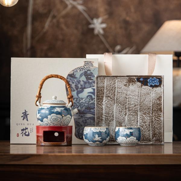 尾桥下窑青花祥云瑞气煮茶陶瓷茶具小套装商务伴手礼开业会议礼品