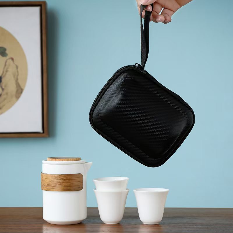 鹏翼羊脂玉瓷实木旅行茶具