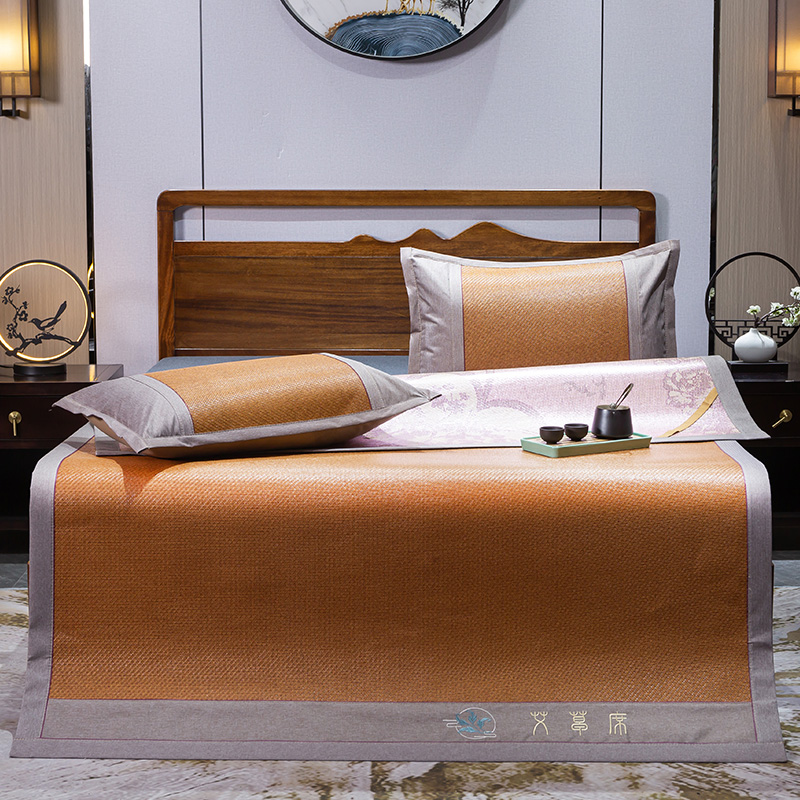 花花公子-家纺-艾草刺绣可折叠加厚养身凉席藤席三件套