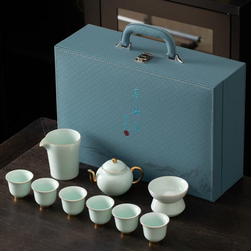 鹏翼端午节10头青山玉西施壶描金茶具