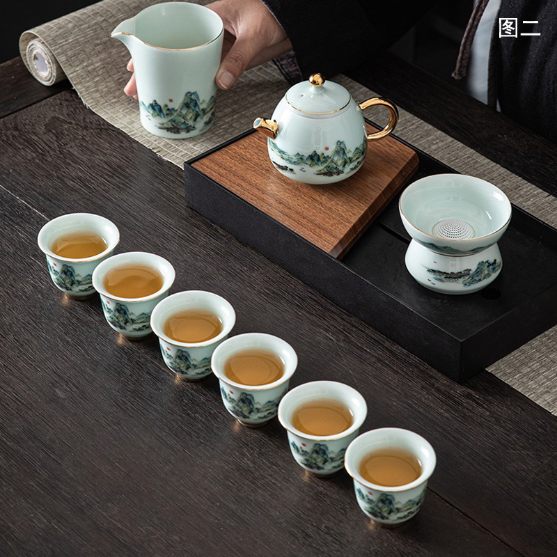 鹏翼国潮文创10头银线千里江山青山玉茶具