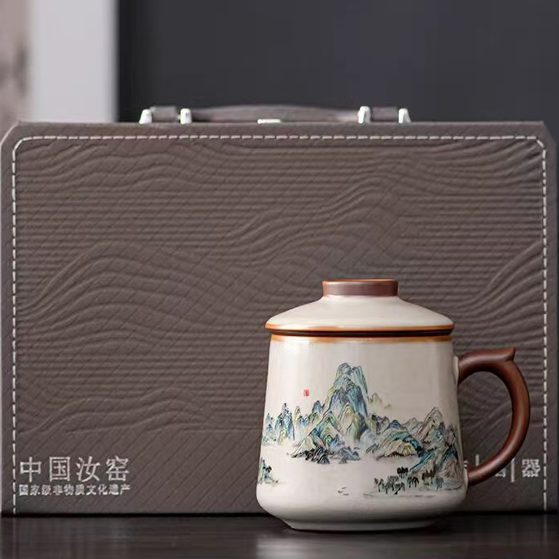 鹏翼商务文创千里江山/金桂献鲤黄汝窑办公杯配收藏证书
