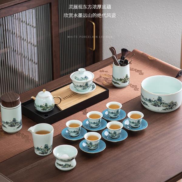 鹏翼商务文创26头纯银线千里江山青山玉茶具大套装
