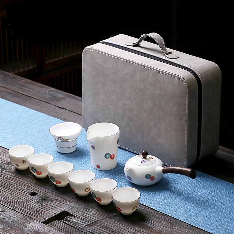 鹏翼商务文创雪绒花羊脂玉瓷浮雕茶具套装