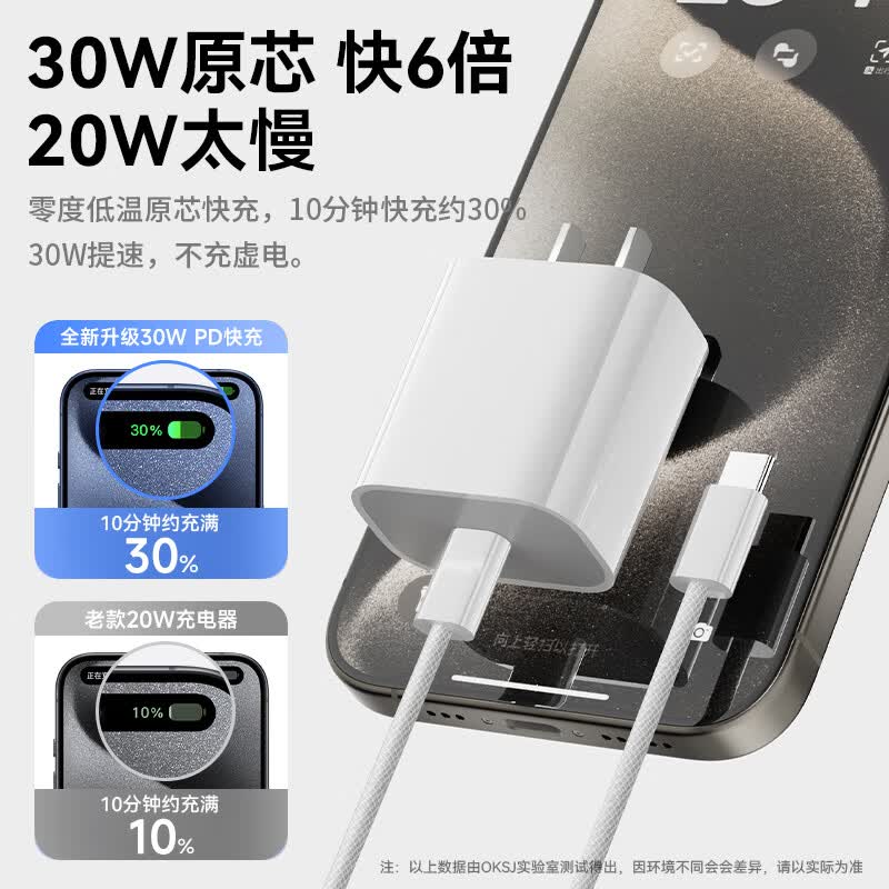 OKSJ欧克士30WPD快充充电器+编纱C-C京东自营50W